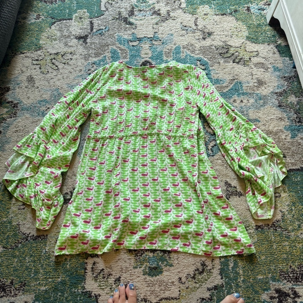 Escapada Beach Green Pink Whale Print Bell Sleeve Tie Waist Tunic Top Small - Picture 9 of 9